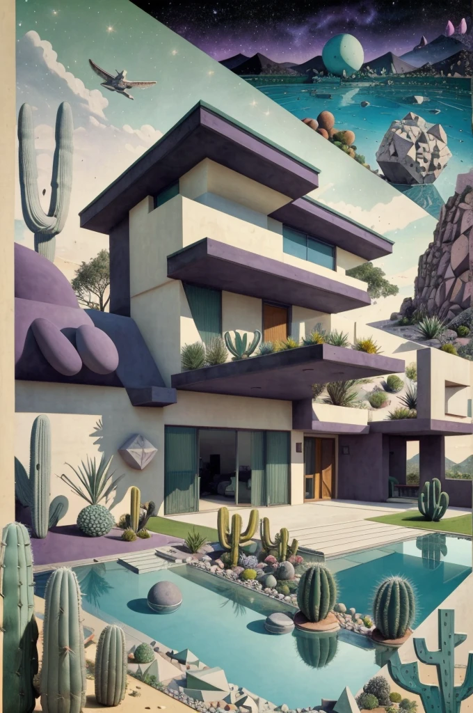 An illustration, collage style, David Hockney visual style, (((Luis Barragán's architectural style houses in middle of a lake))), big boulders, little cascade, mountains, volcanos, volcanic landscape, pool, stairs, beautiful gardens, abundant vegetation, cacti, agave, big clouds, sunset. Magazine cover, serif tipography, editorial design, masterpiece, An illustration in collage style, con rocas gigantes, Brutalist construction sections, escaleras, cactus, agave, textura de concreto, Multiple geometric shapes, hatch and cross hatching, planeta Saturno. ((masterpiece, best quality)),illustration,ultra detailed 8k. (((An illustration of a build designed by Luis Barragán))), with a desertic vegetation garden, (big rocks), ((cacti)), lake, volcano in horizon, smooth clouds, (((illustration collage format))), ((Escher's art style)), (((multiple sections))), (violet, blue, olive green, grey, black and white), hard shadows, (((geometric sculptures))), concrete sculptures, high contrast, dramatic, cinematographic, ((milky way galaxy)), intricate, intricate details, sharp focus,landscape