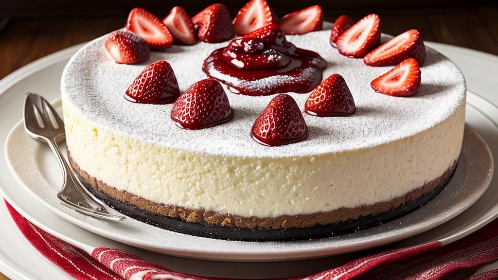 photorealistic image, trending on Pinterest, New York-style cheesecake adorned with a generous layer of strawberry compote and a dusting of powdered sugar