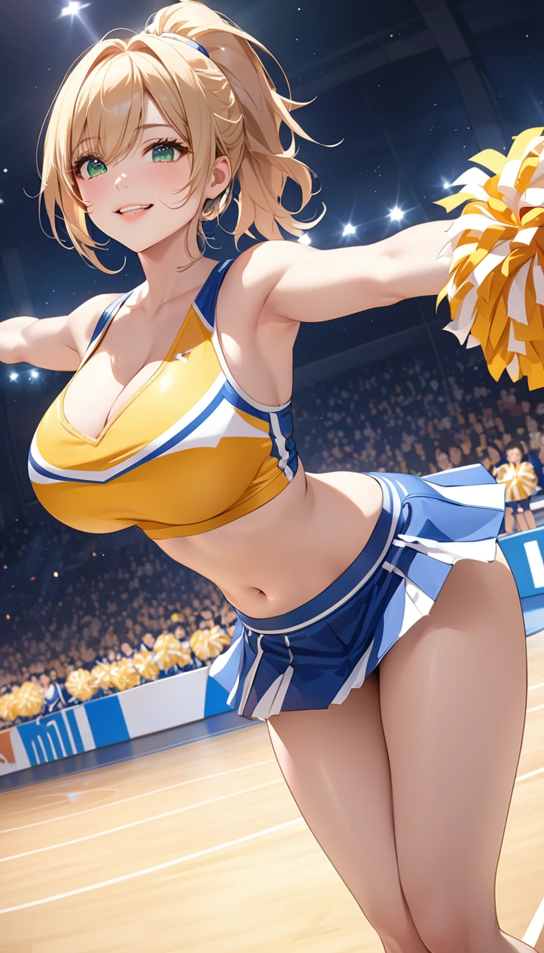 ((Highest quality)), ((masterpiece)), Anime Style、Perfect Face, 1girl, Blonde、ponytail、Green Eyes、Large Breasts、Cheerleader Costumes, Dynamic Angle、smile、front、In a large stadium-like gymnasium、Logo on the floor、night、Watching Sporticro Mini Skirt,With arms outstretched