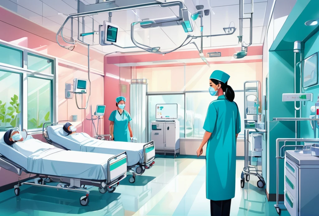 Inside a modern hospital, (masterpiece best quality:1.2) delicate illustration ultra-detailed, detailed background, illustrations, bright, colourful,