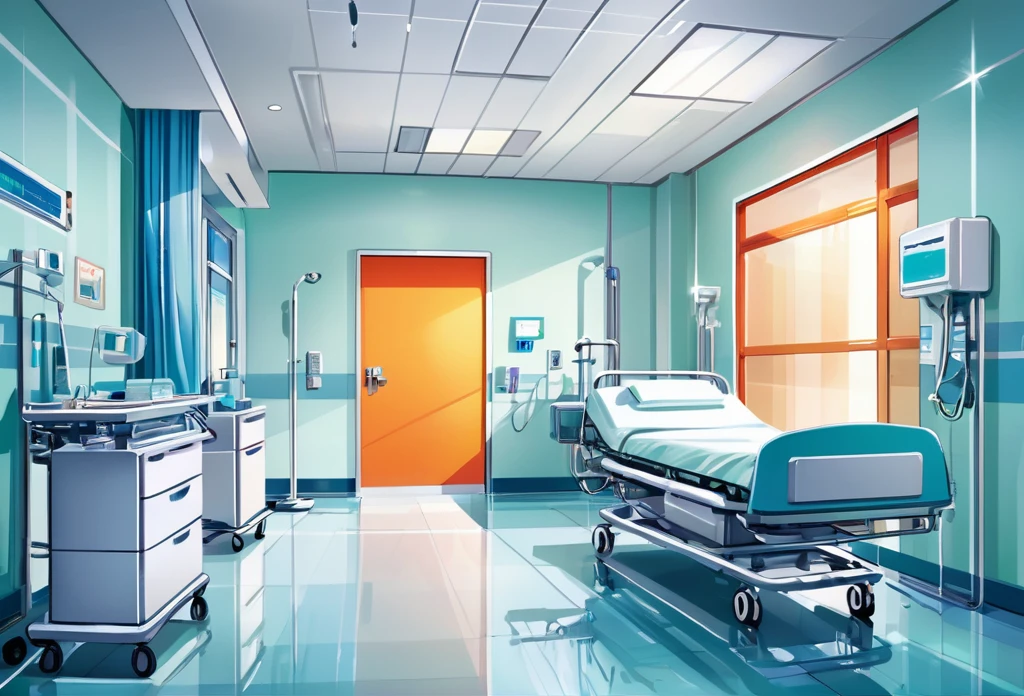 Inside a modern hospital,  (masterpiece best quality:1.2) delicate illustration ultra-detailed, detailed background, illustrations, bright, colourful, 