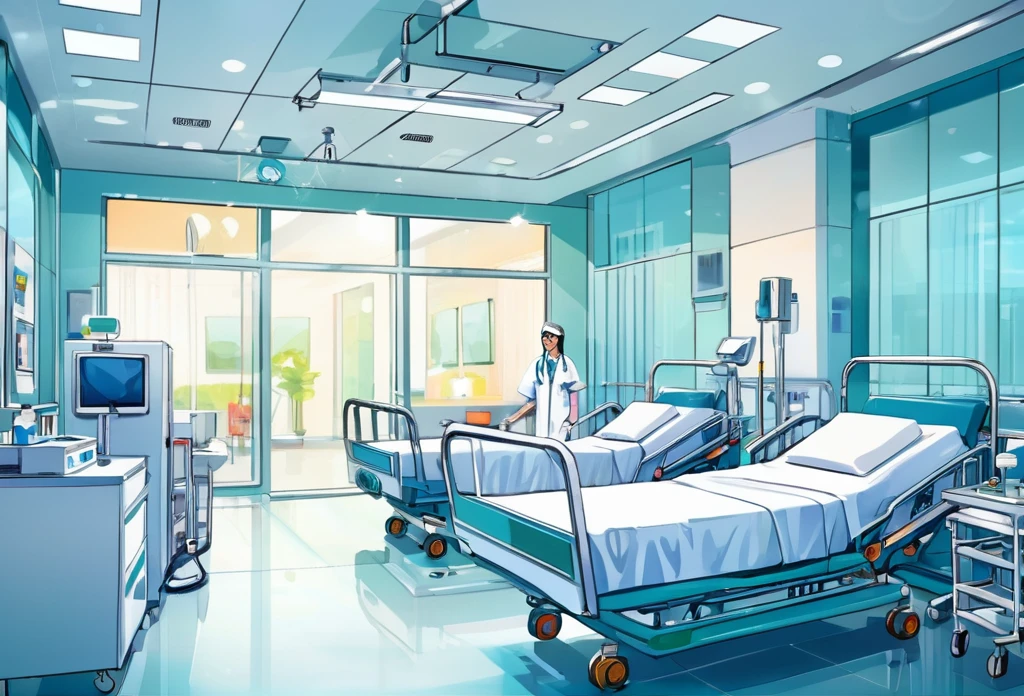 Inside a modern hospital,  (masterpiece best quality:1.2) delicate illustration ultra-detailed, detailed background, illustrations, bright, colourful, 
