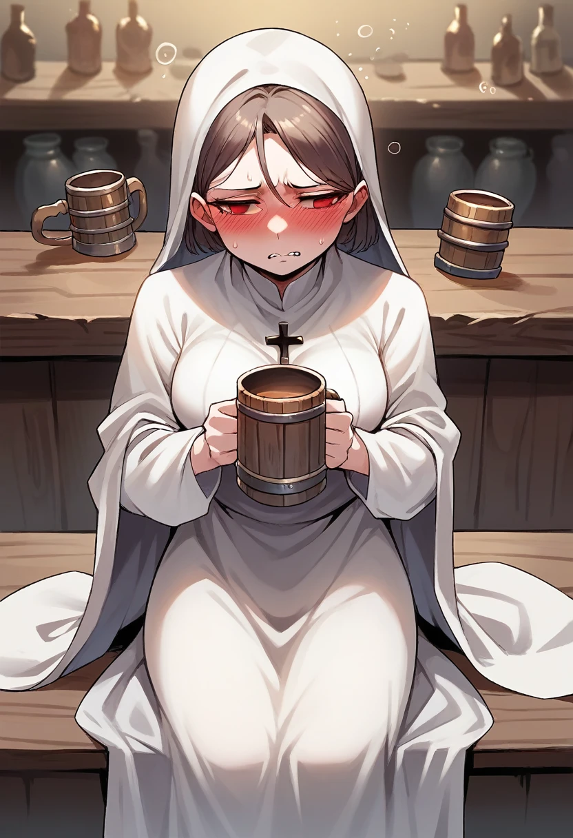 Adult female, average Height, very short brown nair, red eyes, cleric, black on white cleric robes, blushing, tsundere, sad, drunk, drinking from tankard, sitting, fantasy tavern, highly detailed, good detail, best detail, high quality, perfect eyes, looking away, perfect face, no hat, no headress