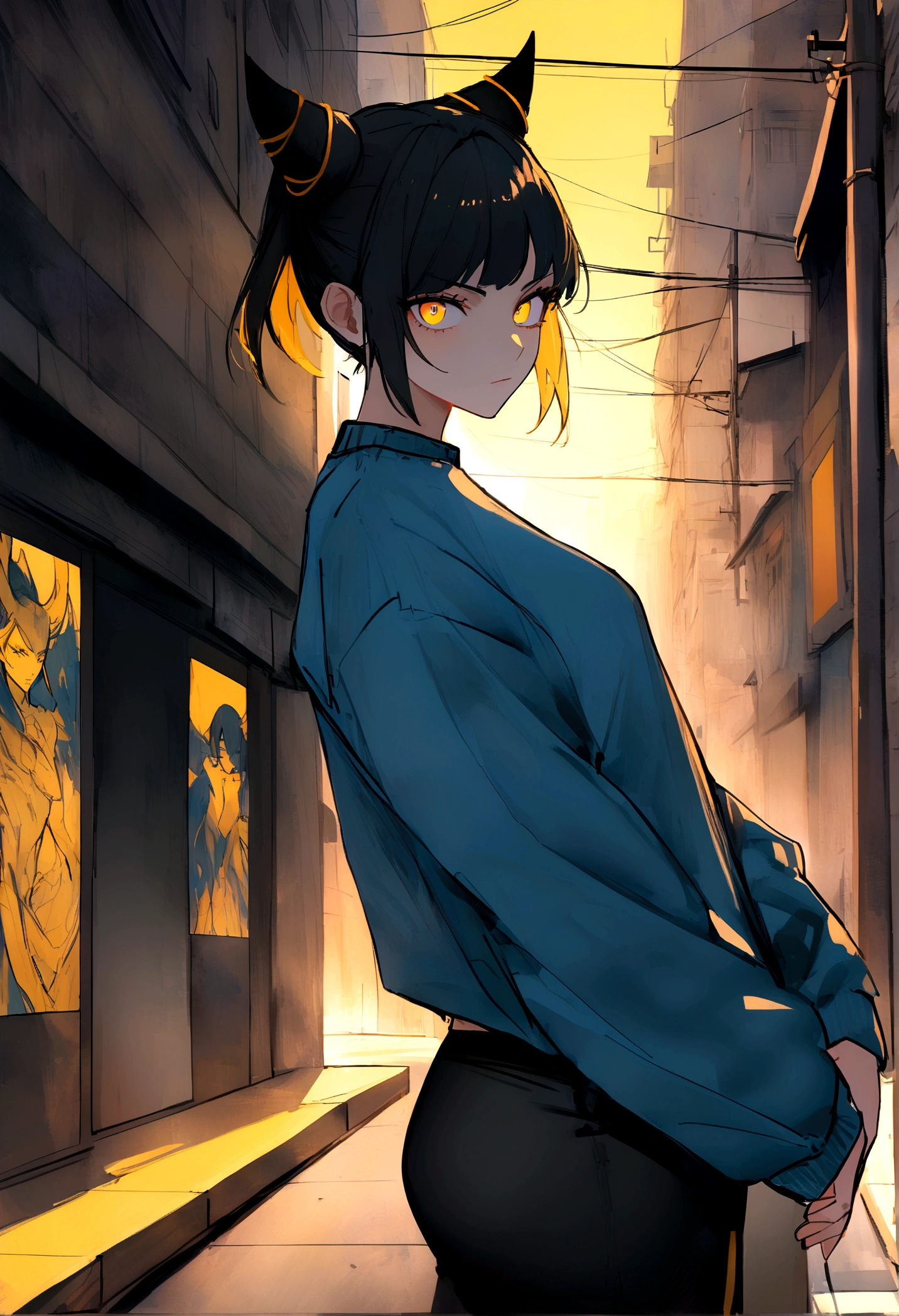 work of art, best qualityer, Juri Han, horn hair, glare eyes, blue sweatshirt, black sweatpants, gazing at viewer, city background,yellow lighting