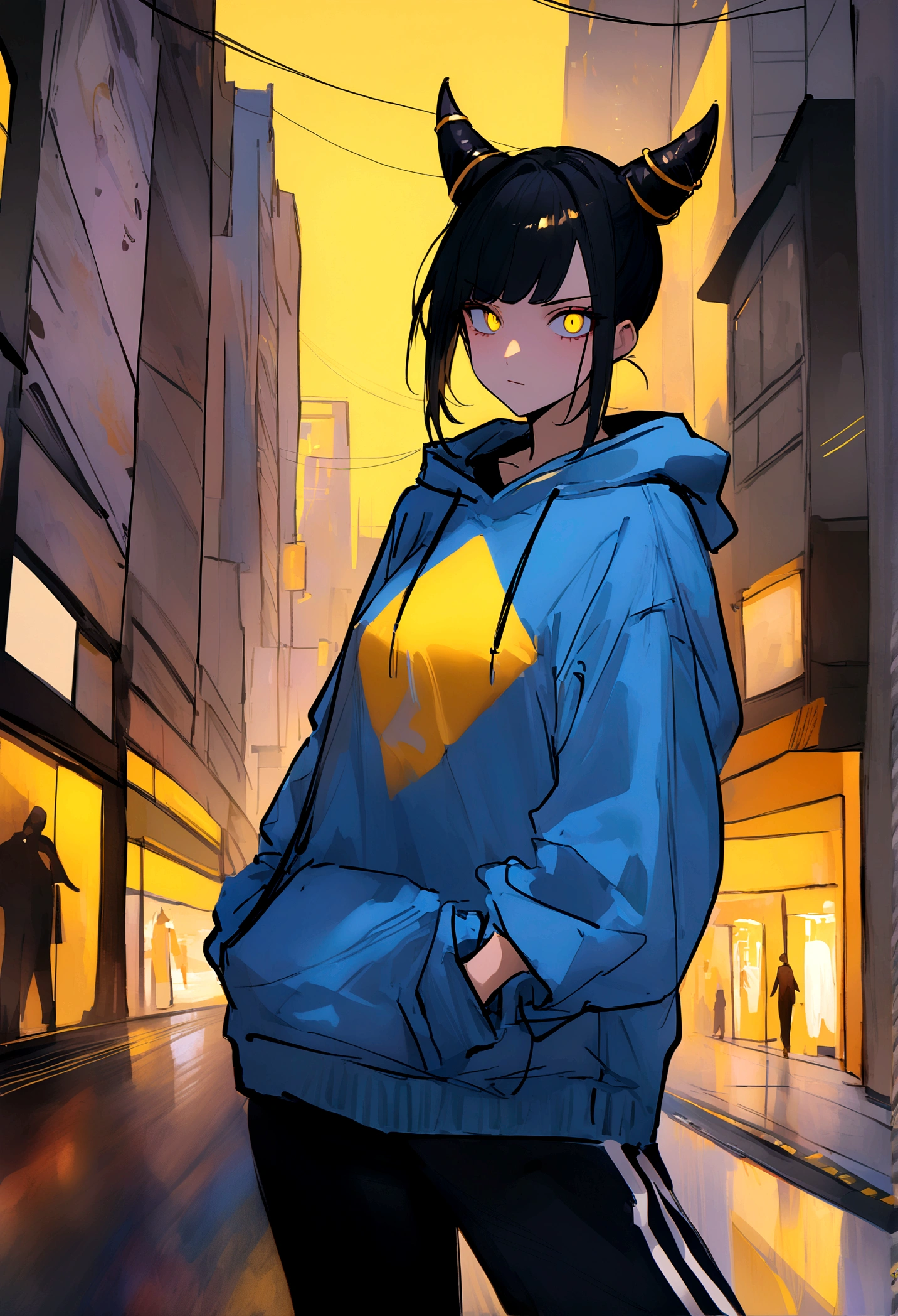 work of art, best qualityer, Juri Han, horn hair, glare eyes, blue sweatshirt, black sweatpants, gazing at viewer, city background,yellow lighting