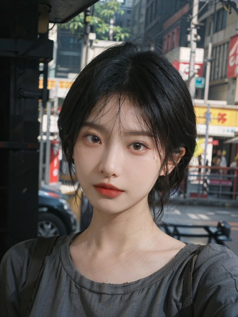 (smooth skin textures:1.3), Lipstick, Upper body,Upper Body,background, earrings, serene, calm, (Dress conservatively:1.6),(Realistic and detailed eyes:1.2), Natural skin texture, Realistic facial details, Soft dramatic lighting, Vivid details, outdoor, (Photo Practical:1.4), (hyper Practical:1.4), (Practical:1.3), (Improve lighting quality:0.9), (Highest quality real skin textures:1.4), (Enhance the beauty of skin texture:1.1), Hair details, model, short hair, Moles under the eyes, Portrait Photography, Depth of Field, Bokeh, Surrealism, Ray Tracing, (Portrait Photography:1.1), Surrealism, High Detail, Chiaroscuro, Ray Tracing, reflected light, Ultra HD, Ultra HD, masterpiece, Textured Skin, Super Detail, High Detail, high quality, best quality