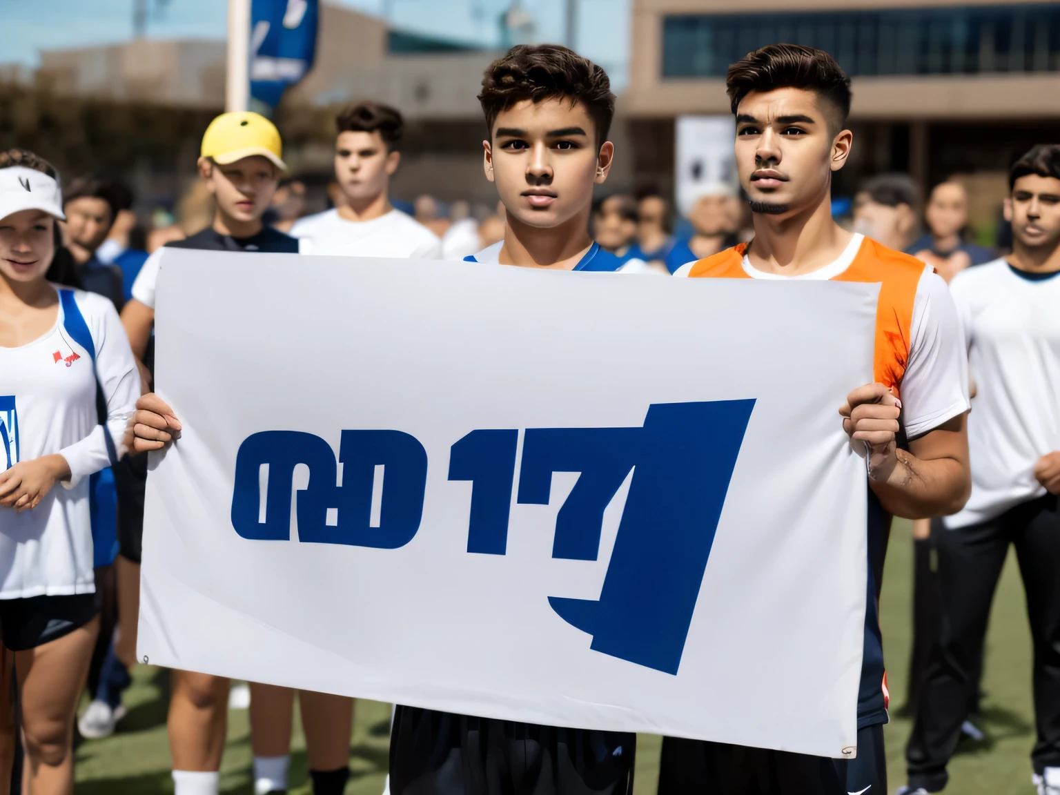 Young man in sportswear of 10 holding a large white sign