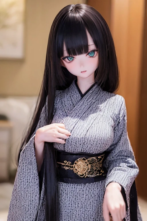 (SFW:2), photorealistic, realistic photo, ((highest quality)), ((masterpiece)), ((extremely detailed)), kukolnydom, doll, (mature woman:1.7), solo, ((cowboy shot, standing, skinny, slender, slim, kimono, obi, obidome, hair ornament)), green eyes, parted lips, (black hair, long hair, looking at another, almond eyes, blank eyes, empty eyes, detailed eyes, detailed clothes:1.3), Japanese room, 8k