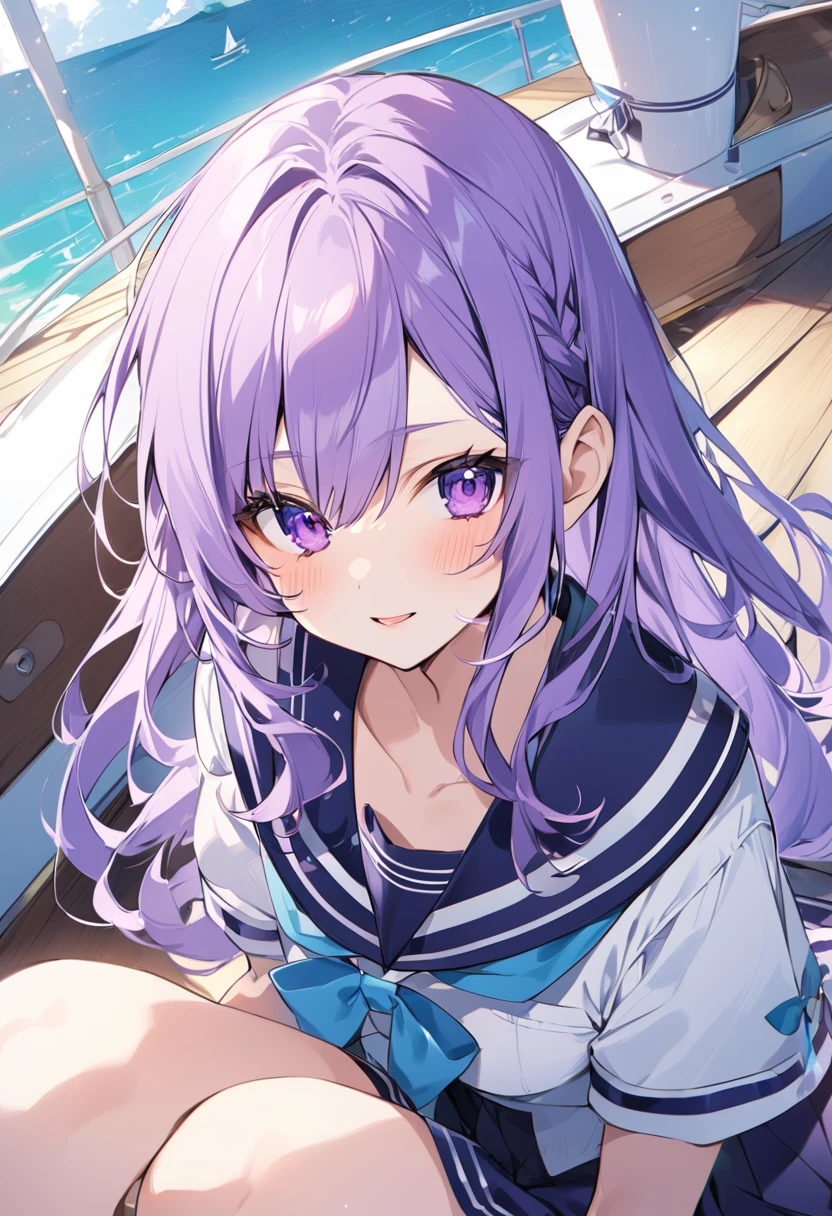 Keito。Purple Eyes。Purple Hair。Sailor suit。Boat。