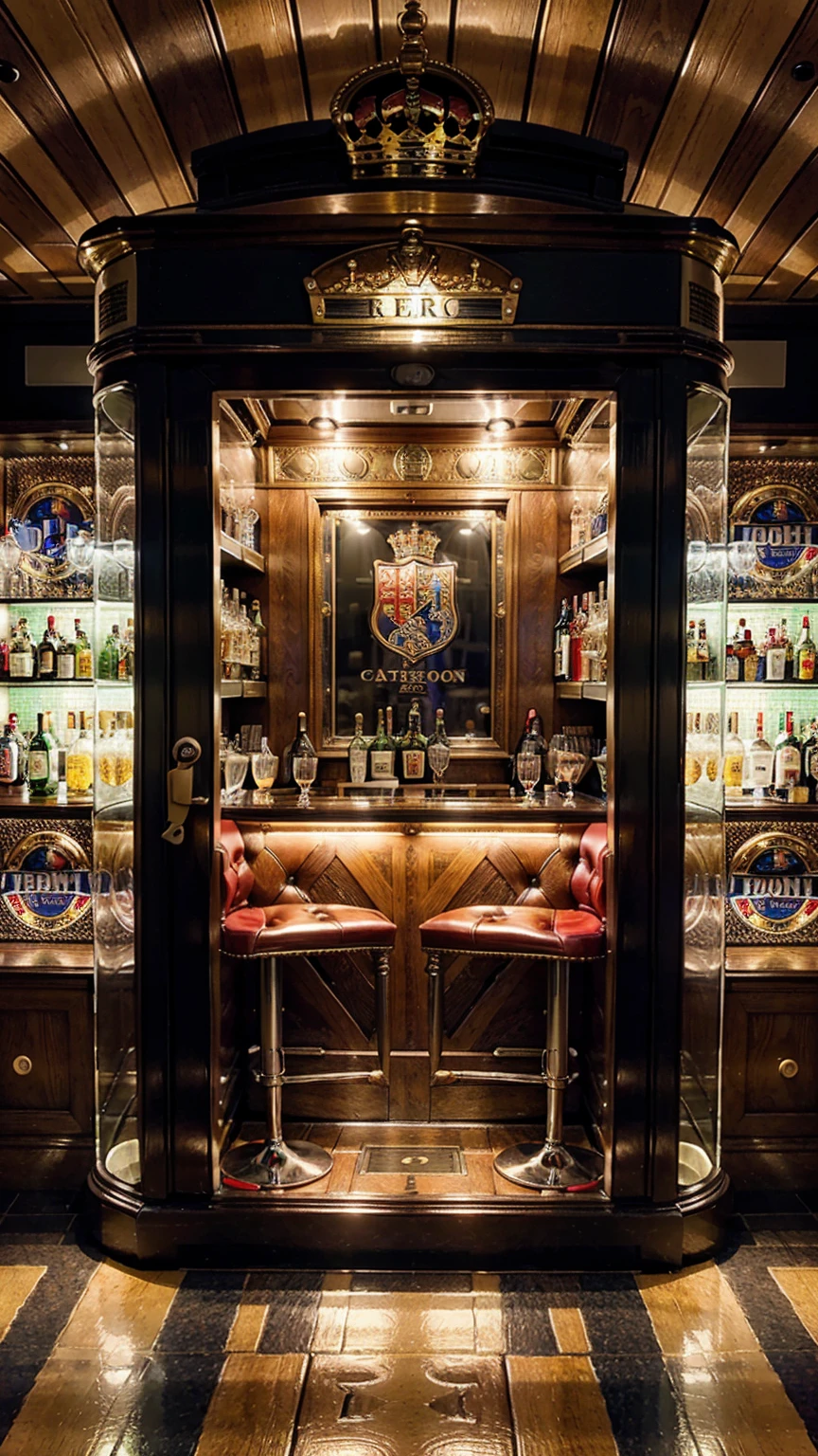 London bar, with football decor, telephone booth, coats of arms, (ultra-high definition, hyper-realistic, highly detailed, high-quality image, sharp focus, professional lighting, vivid colors and intricate details)