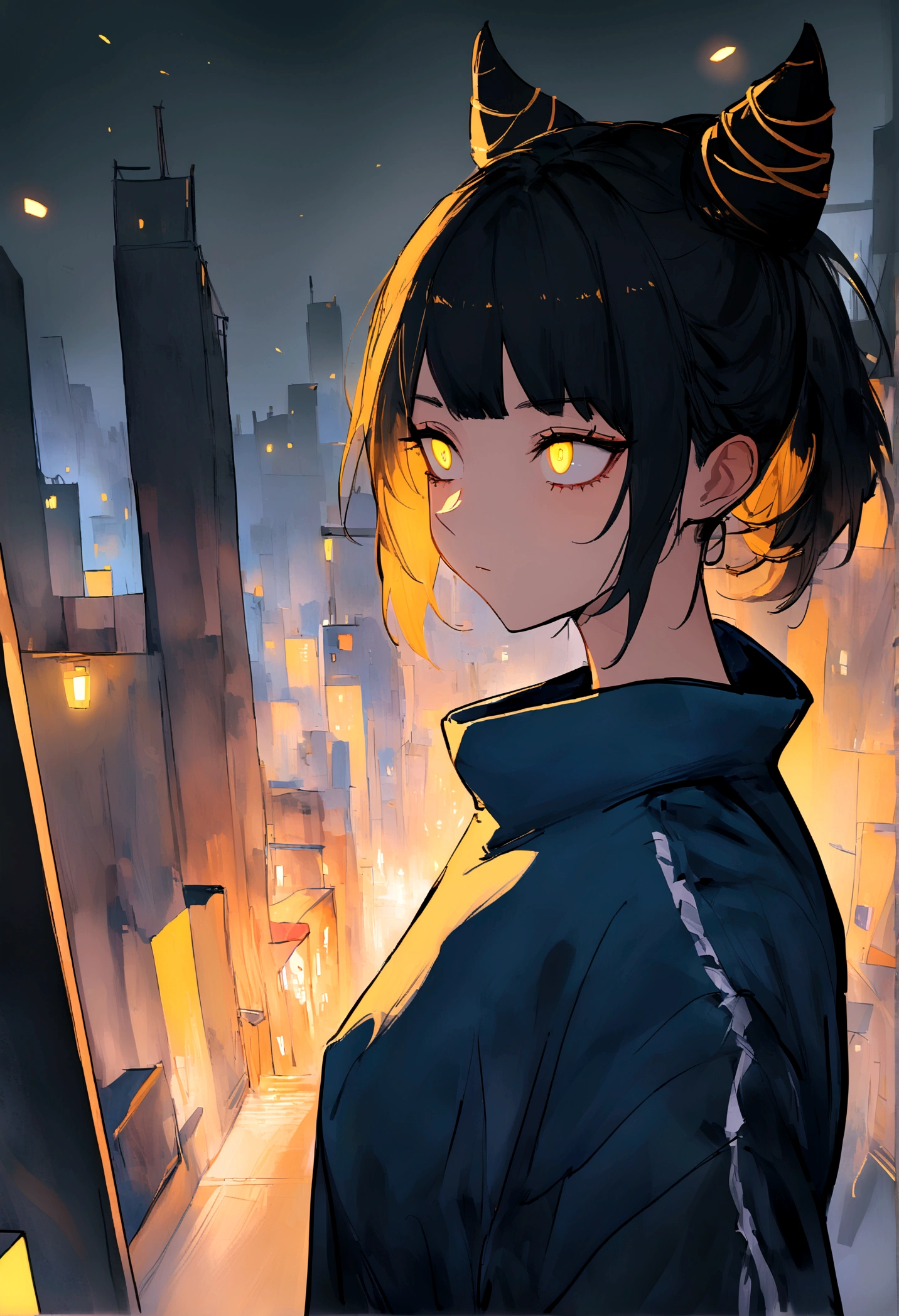 work of art, best qualityer, Juri Han, horn hair, glare eyes, blue sweatshirt, black sweatpants, staring overhead, city background,yellow lighting