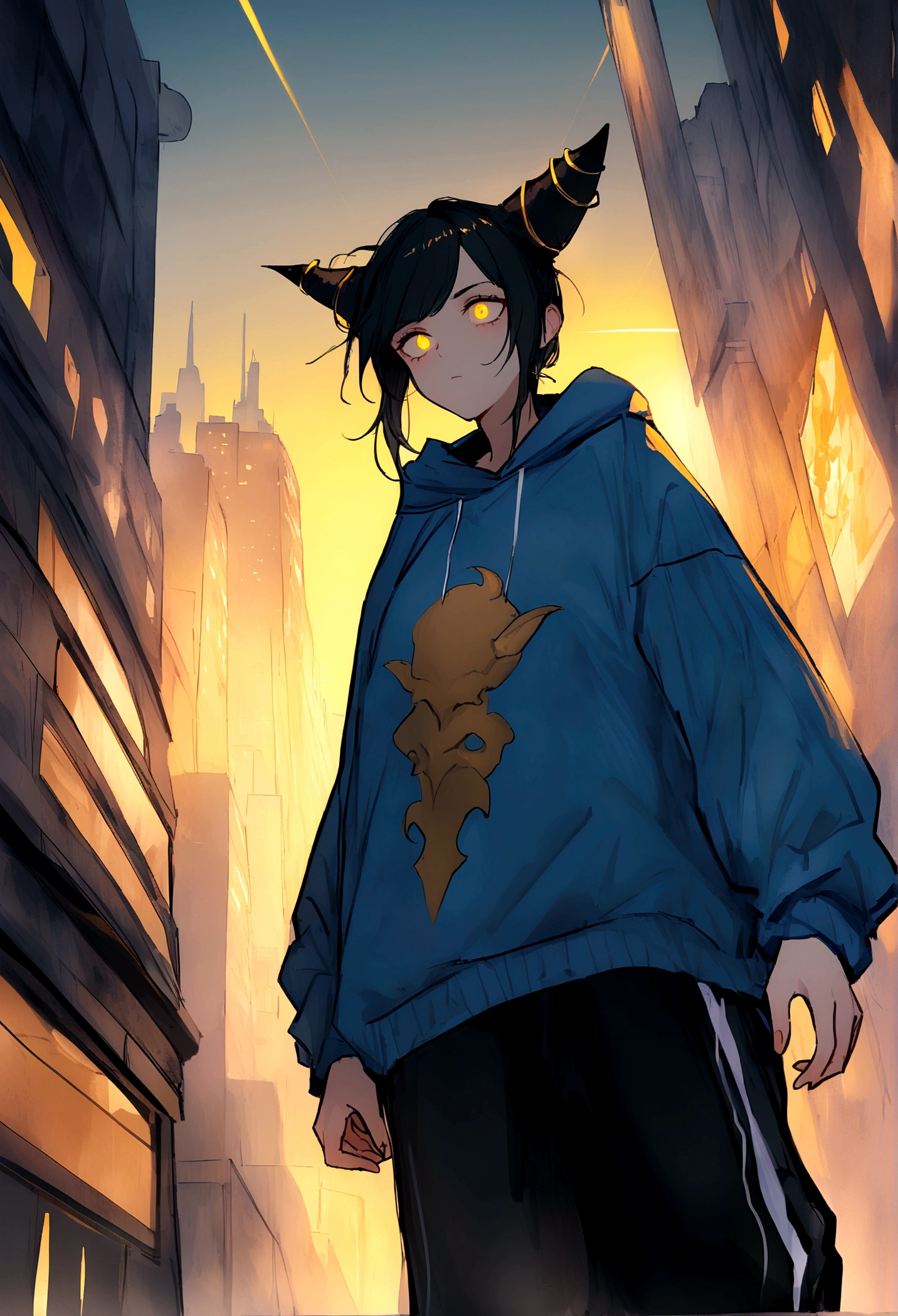 work of art, best qualityer, Juri Han, horn hair, glare eyes, blue sweatshirt, black sweatpants, staring overhead, city background,yellow lighting