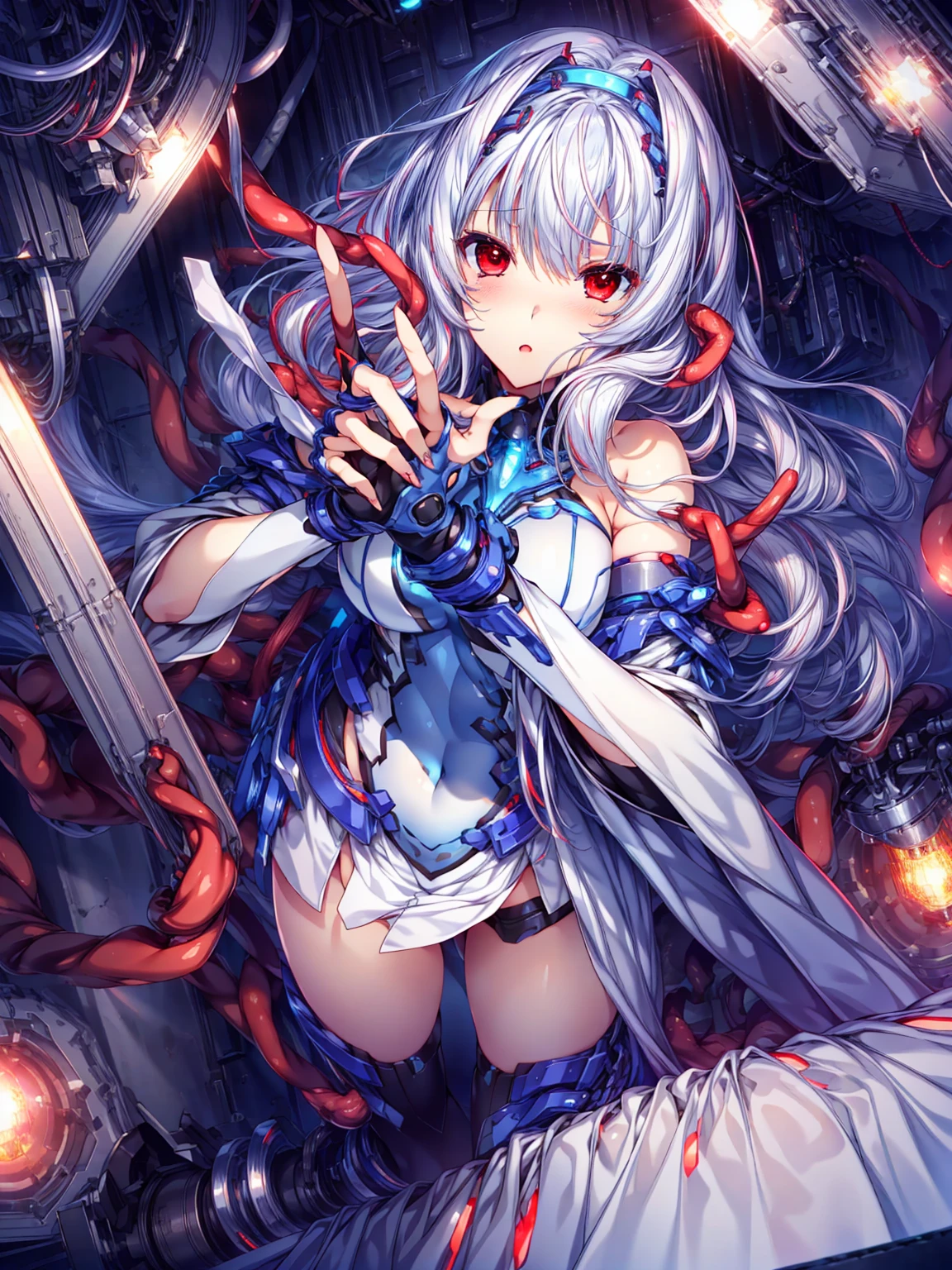 masterpiece, Highest quality, Anime Style,Official Art Beautiful Lighting, 1 Girl, bangs, Inside a futuristic base, whole body, Blue and white outfit, masterpiece,Noise Reduction,perfect anatomy,high resolution, ultra-detailed,game cg,dutch angle ,beautiful detailed eyes,visualart,five fingers, perfect hands, perfect lighting,,red eyes,(Silver Hair:1.6)