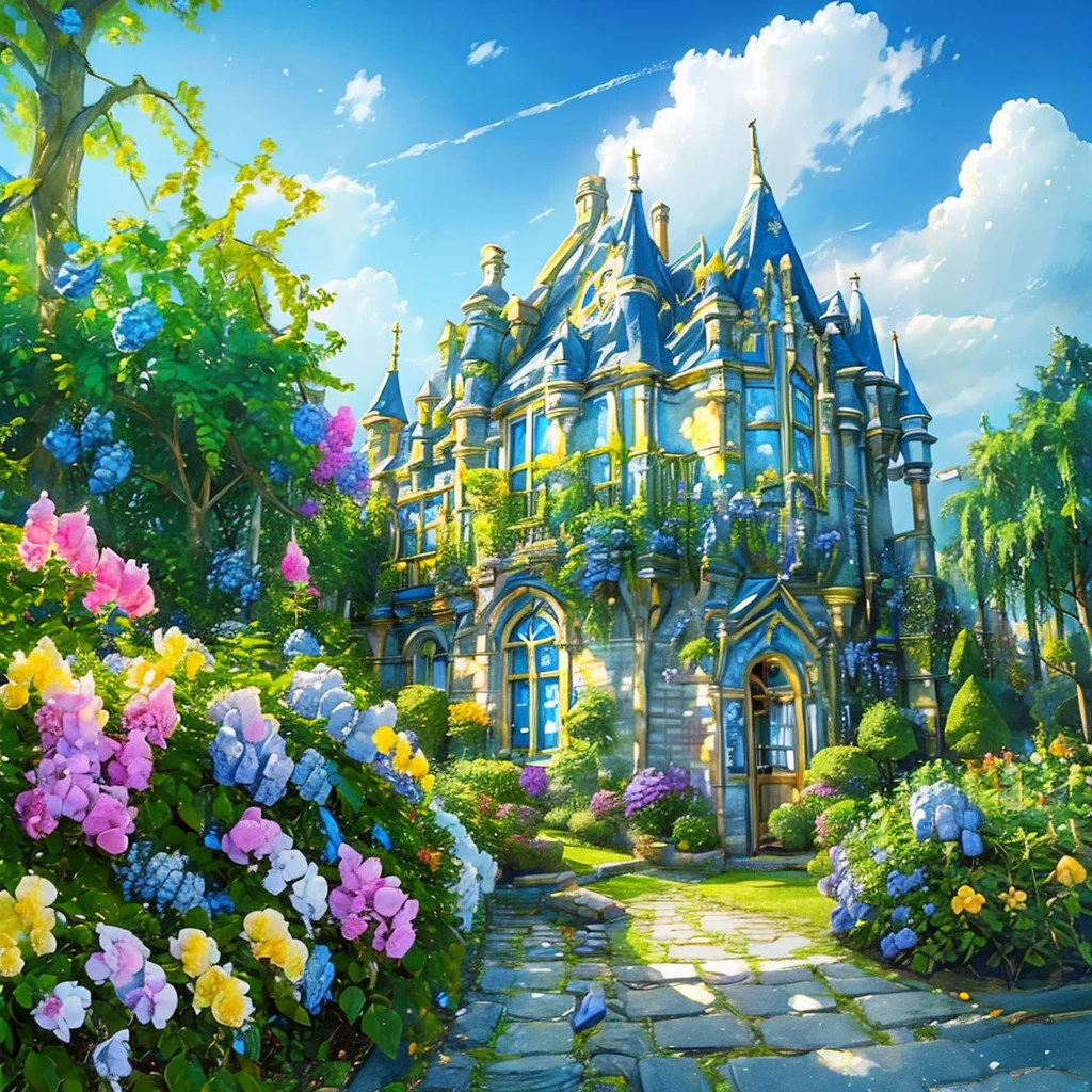 (((masterpiece))), (((best quality))), A magical academy dorm room, front view, blue sky, colorful hydrangea, trees, ivy, bush, classic bulding