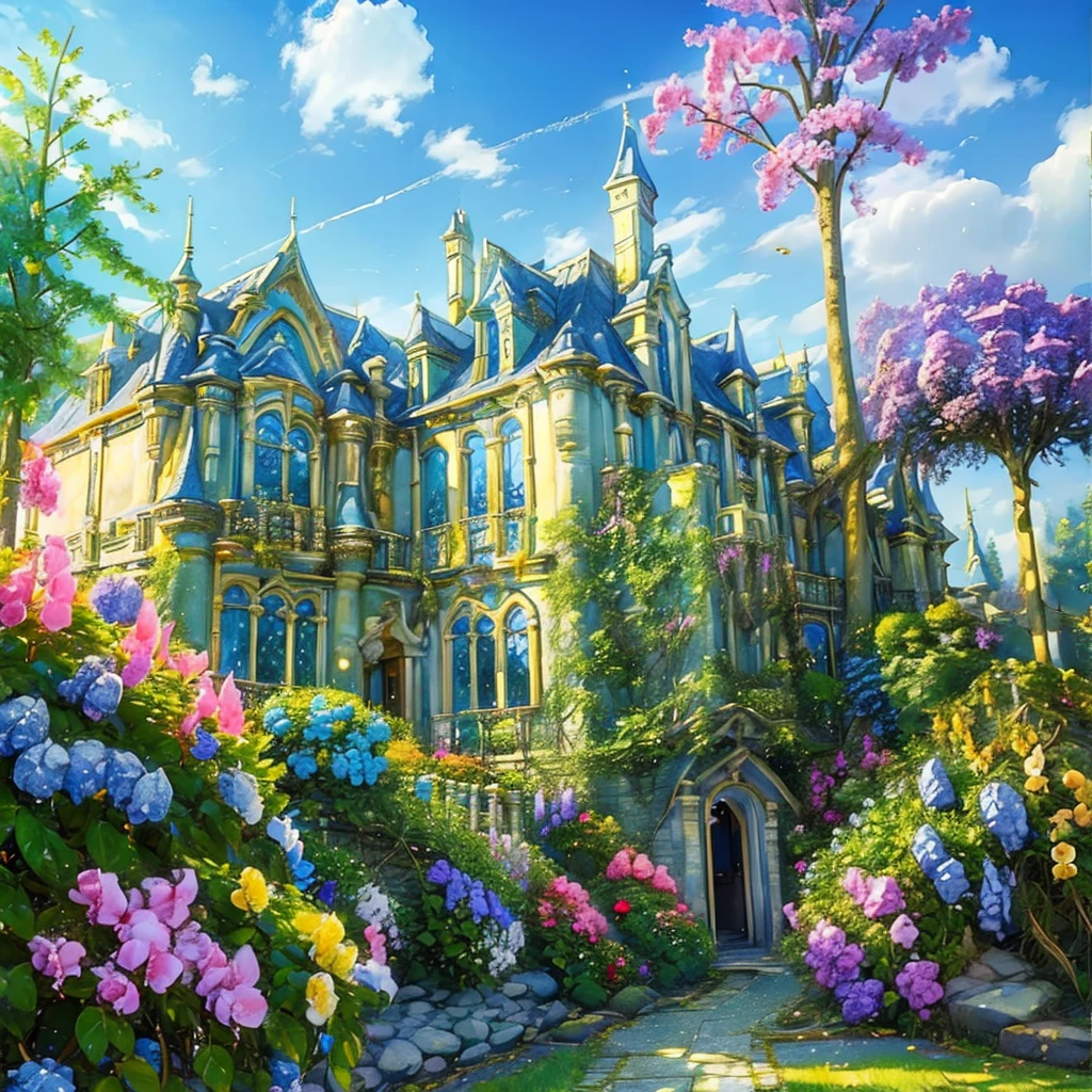 (((masterpiece))), (((best quality))), A magical academy dorm room, front view, blue sky, colorful hydrangea, trees, ivy, bush, classic bulding