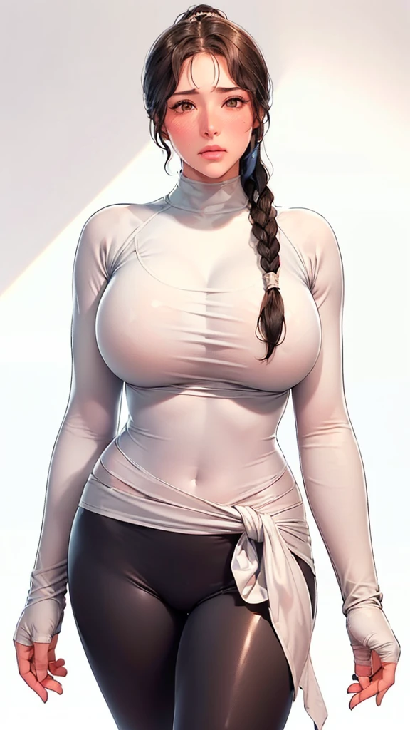 (（（Perfect body,White and tender skin,（（（Black yoga suit, long sleeved yoga suit, yoga pants）））,（（（brown eyes, braid, long hair, braided ponytail, single braid, hair over shoulder, bangs, blush, lips）））,((masterpiece)),highres,((Best quality at best)),masterpiece,quality,Best quality,(（（ Exquisite facial features,Looking at the audience,There is light in the eyes,(（（frown，blush））），）））,（（（Light and shadow,Huge breasts,）））,（（（Looking at the camera,White background)））)