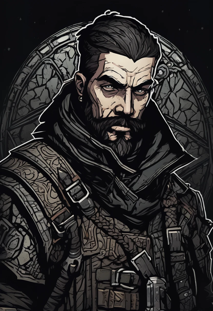 (((darkest dungeon style))), darkest dungeon character portrait, man, shaved hair, short mustache, body armor, revolver gun, many shadows, cold lights, dark art, highly detailed, extremely detailed, masterpiece