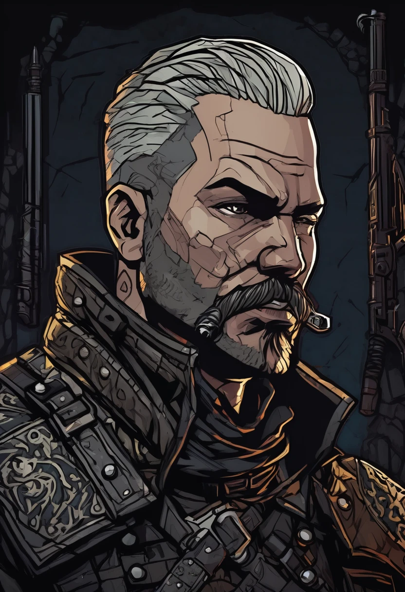 (((darkest dungeon style))), darkest dungeon character portrait, man, shaved hair, short mustache, body armor, revolver gun, many shadows, cold lights, dark art, highly detailed, extremely detailed, masterpiece