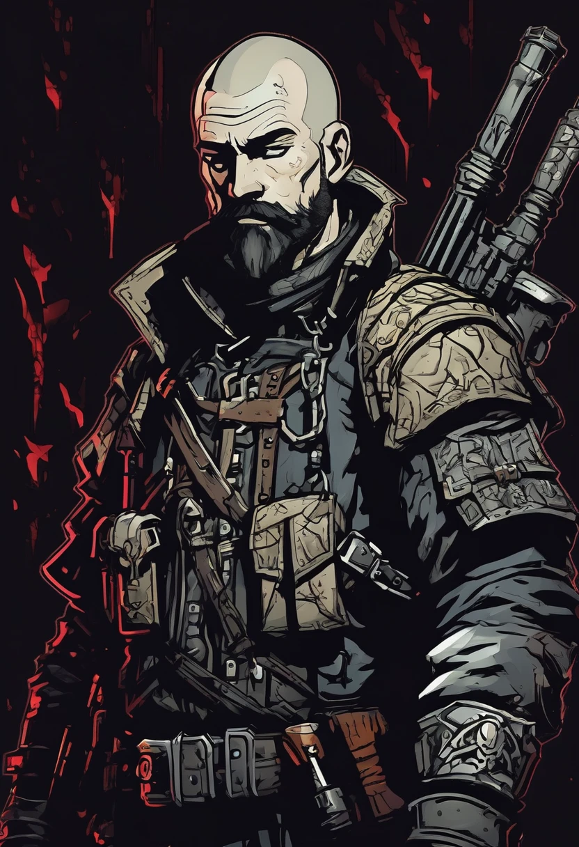(((darkest dungeon style))), darkest dungeon character portrait, man, shaved hair, short mustache, body armor, revolver gun, many shadows, cold lights, dark art, highly detailed, extremely detailed, masterpiece