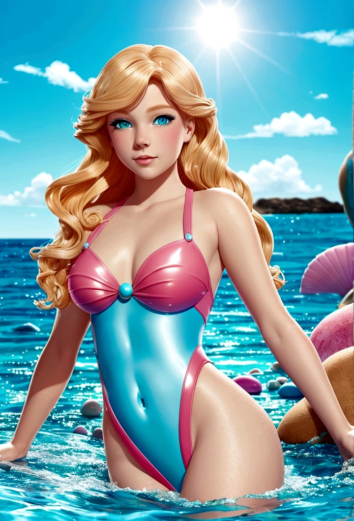 The little mermaid comes out of the water, blonde with blue eyes,beautiful facial features,in a pink swimsuit.Surrounded by turquoise blue sea, bright sun, pebbles, Shells.