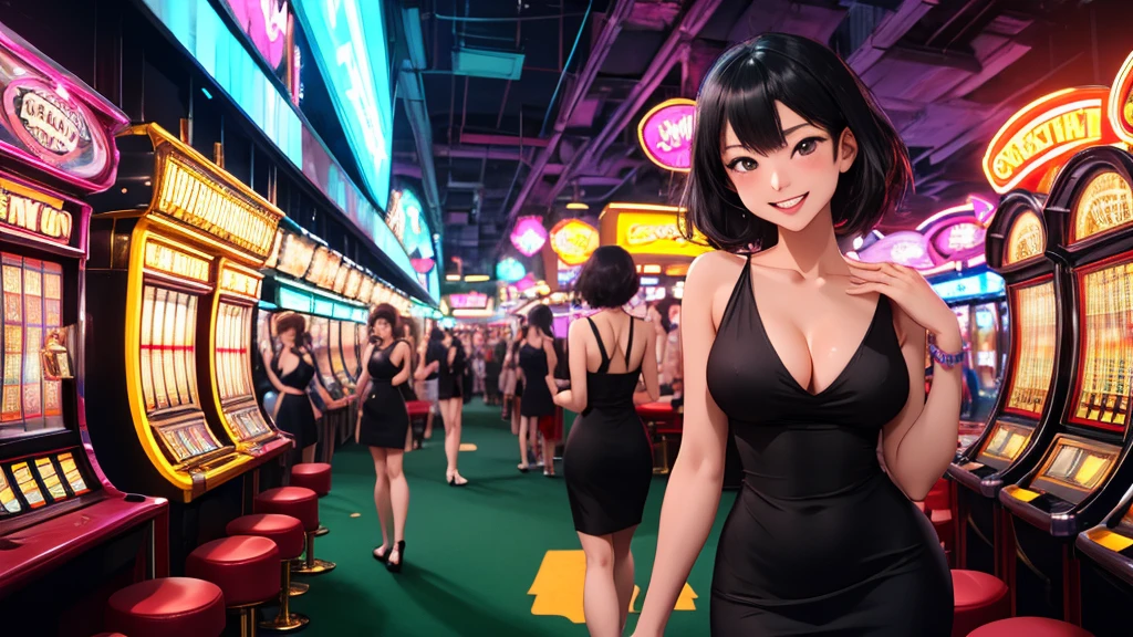 Masterpiece, best quality, 1 dealer girl, alone, look at viewer, chest, mature woman, collarbone, Random Hairstyles, cyberpunk, neon light, In the building, Casino, black tight dress, depth of field, playful mood,Big smile,The model is on the far right of the picture.