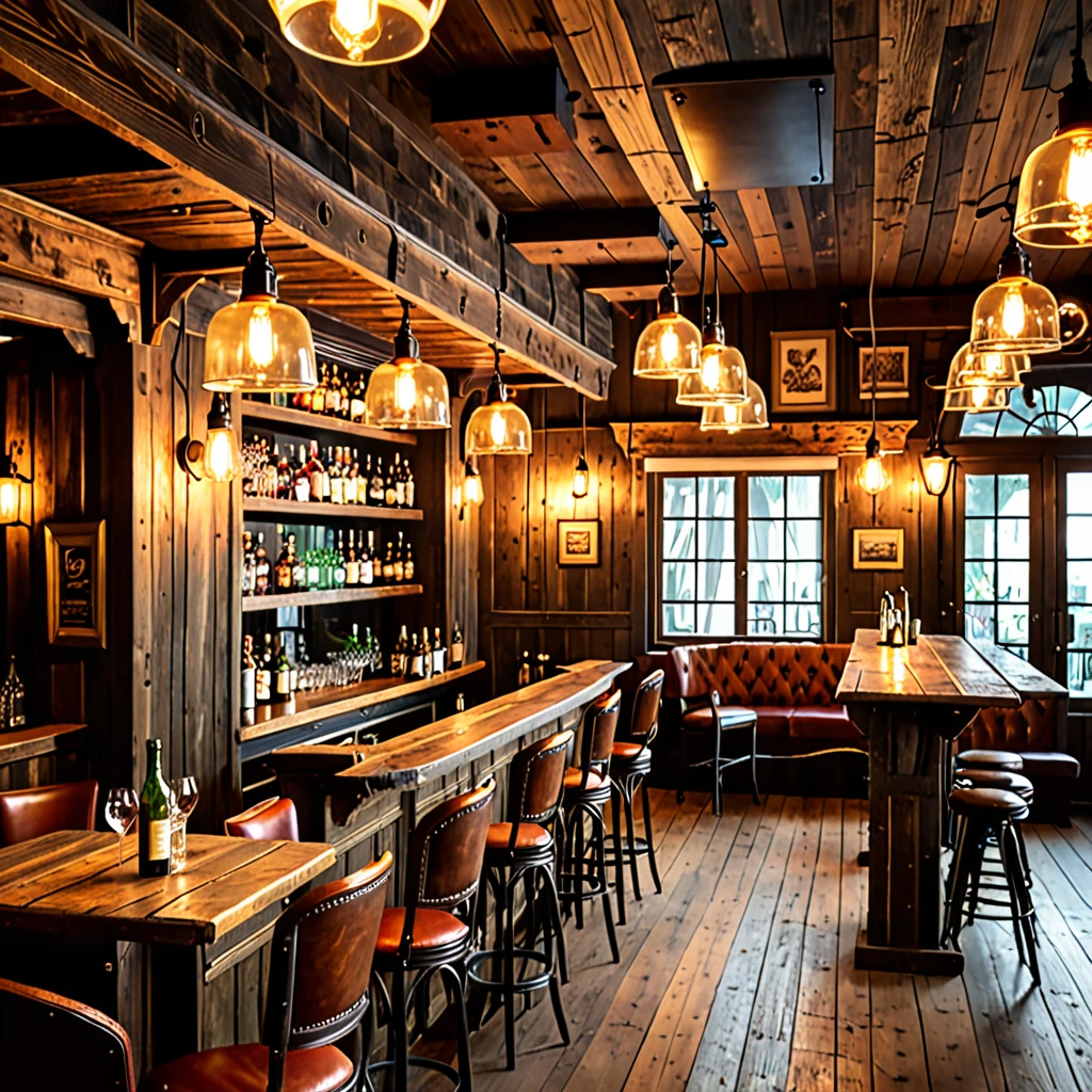 Vintage-style bar, rustic wooden furniture, antique pendant lights, dim lighting, cozy ambiance, aged wood, warm glow, vintage decor, intimate, nostalgi