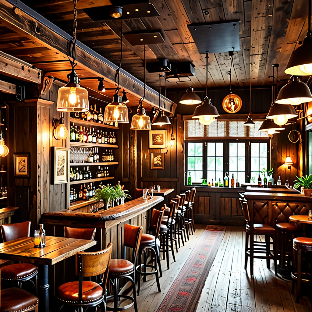 Vintage-style bar, rustic wooden furniture, antique pendant lights, dim lighting, cozy ambiance, aged wood, warm glow, vintage decor, intimate, nostalgi