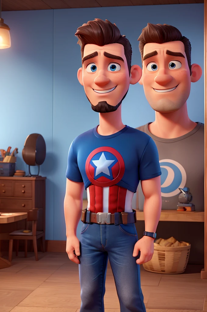 white man, 40 years old, with a poorly done goatee, short hair with a pompadour, blue Captain America t-shirt, jeans, black sneakers, High definition, 3D Pixar Style, with a shy smile