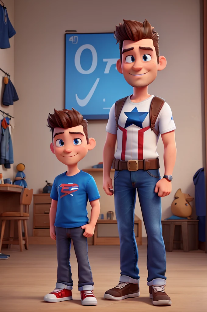 white man, 40 years old, with a poorly done goatee, short hair with a pompadour, blue Captain America t-shirt, jeans, black sneakers, High definition, 3D Pixar Style, with a shy smile