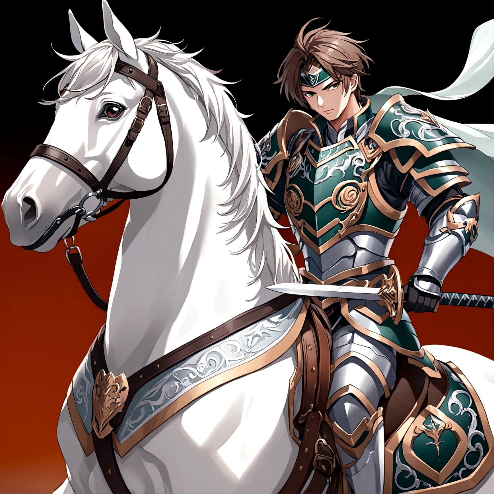 A man riding on a white horse,Next to the white horse,Sword in hand,1boy,armor,horse riding,Male focus,Orange background,arms