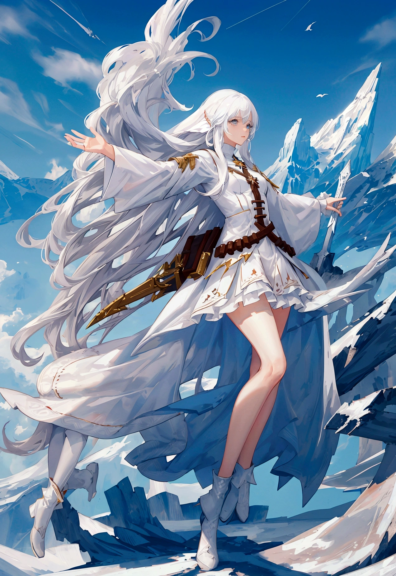 Character (woman) (white long hair) (white mage-style clothing) (character in dynamic pose) (full body) (smooth color blend) (mountain background with clear sky)