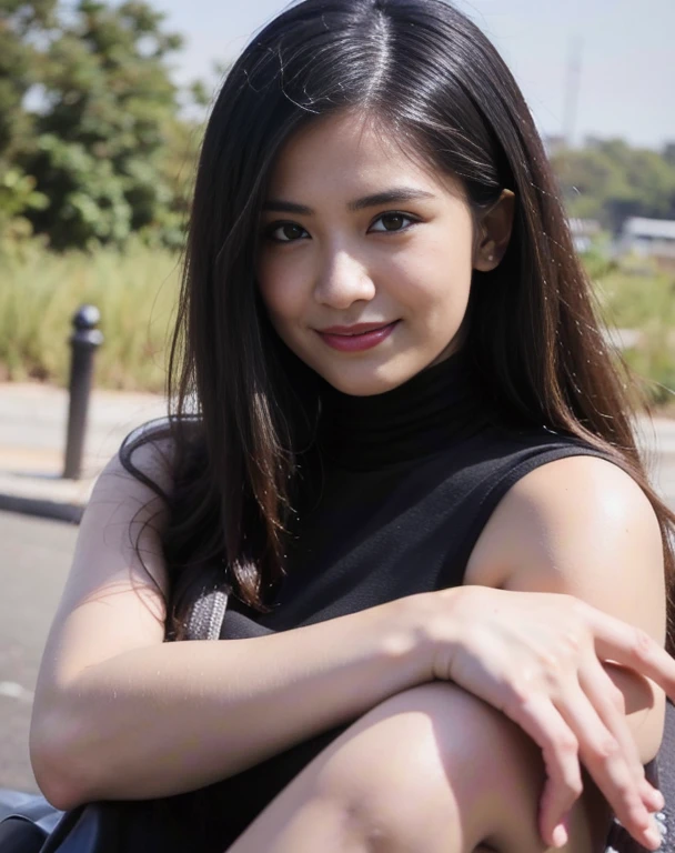 (masterpiece:1.3), 8K, Photorealsitic, Raw photography, (Top image quality:1.4), asian high school girls, (long black straight hair pulled to the front), (cleavage of the breast:0.4), Super Detail Face, (sharp focus:1.2), (pretty woman:1.4), top-quality, masterpiece, A high resolution, (Photorealsitic:1.4), Highly detailed and professional lighting, wearing a turtle-neck, slender, 1 person, pretty eyes, simple smile, hands on top