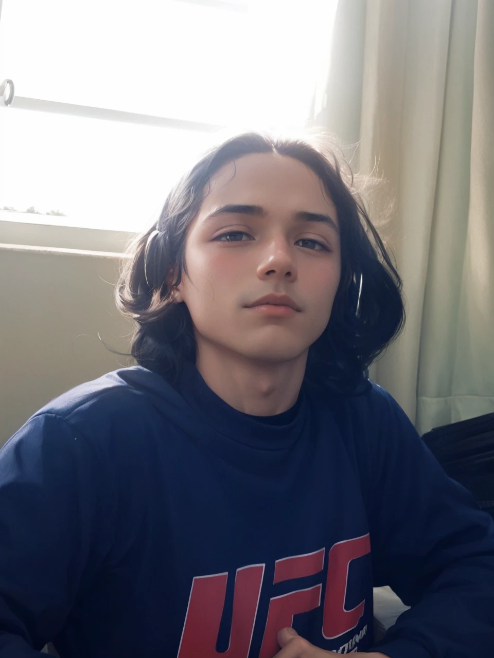 A boy with long black hair