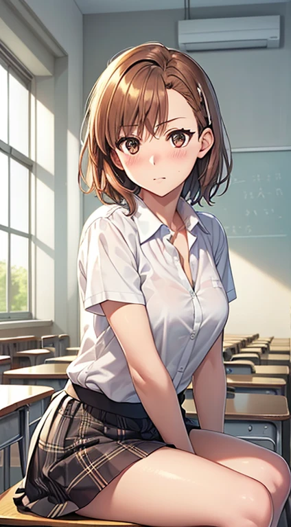 Misaka Mikoto, ((masutepiece, Best Quality, hight resolution, nffsw, Perfect Pixel, 4K, nffsw, nffsw))), 1girl in, Single, 独奏, Beautie、full body seen、 ((Short Wave Hair, bangs, Brown hair)), ((Brown-eyed, Beautiful eyelashes, Realistic eyes)), ((Detailed face, Blushing:1.2)), ((Smooth texture:0.75, Realistic texture:0.65, Photorealistic:1.1, Anime CG style)), medium breasts, Dynamic Angle, Perfect body, ((School uniform, White shirt, Black skirt, Unbuttoned shirt、plaid skirts、I'm not wearing shoes、White Sox)), Classrooms without people、Sit on a desk、Lower'I took my foot off the desk.............................、early evening、、、Very embarrassing panic smile、(Lift the skirt with your right hand、Open both legs、Open your knees wide、Light blue floral lace panties)、、(Cute floral bra)、Angle from below