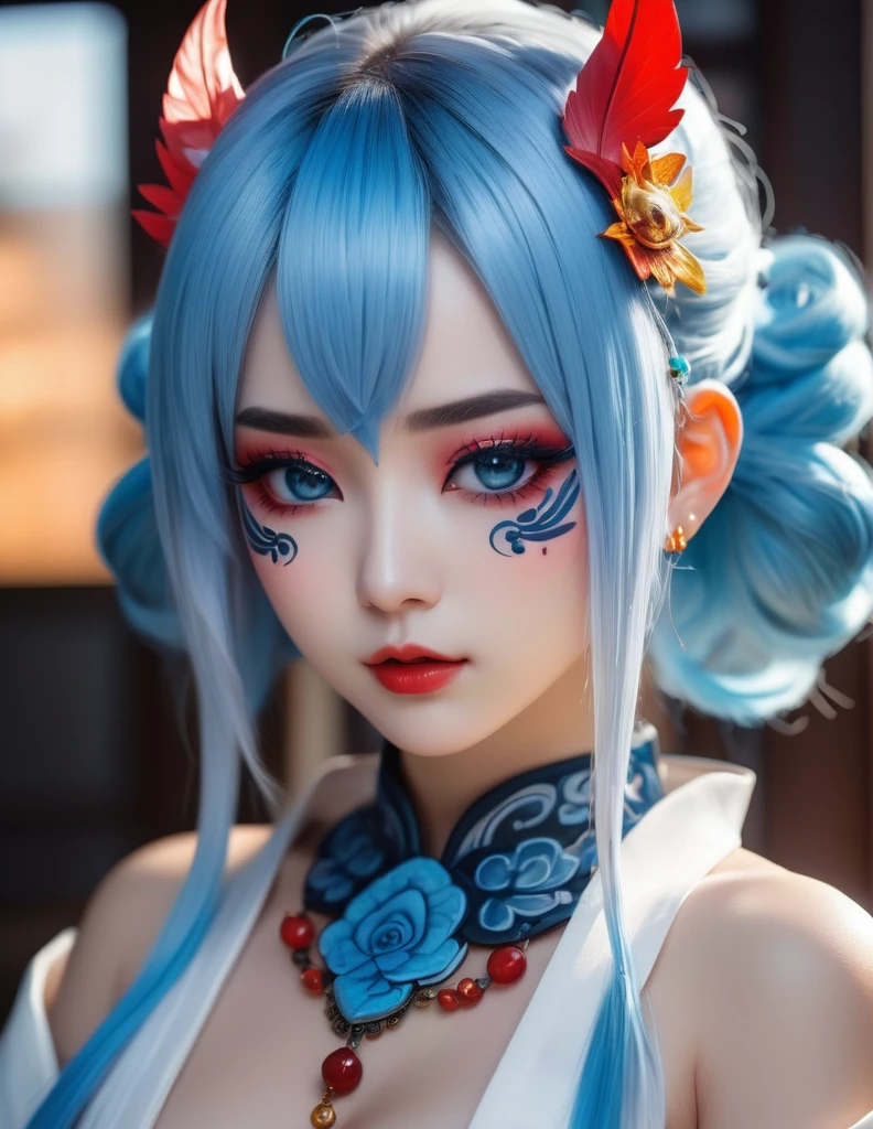 quality(8k wallpaper of extremely detailed CG unit, ​masterpiece, hight resolution, top-quality, top-quality real texture skin,hyper realisitic, digitial painting,increase the resolution,RAW photos，best qualtiy,highly detailed,the wallpaper),BREAK,8K, onmyoji-style art Light, full face, mixed color eyes, Chibi, colorful makeup, white skin, blue  hair,  jewelry, tattoos, toxic mask 