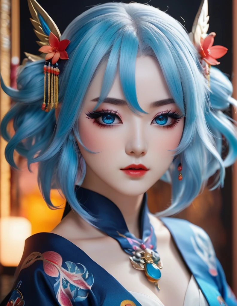 quality(8k wallpaper of extremely detailed CG unit, masterpiece, hight resolution, top-quality, top-quality real texture skin,hyper realisitic, digitial painting,increase the resolution,RAW photos,best qualtiy,highly detailed,the wallpaper),BREAK,8K, onmyoji-style art Light, full face, mixed color eyes, Chibi, colorful makeup, white skin, blue hair, jewelry, tattoos, toxic mask