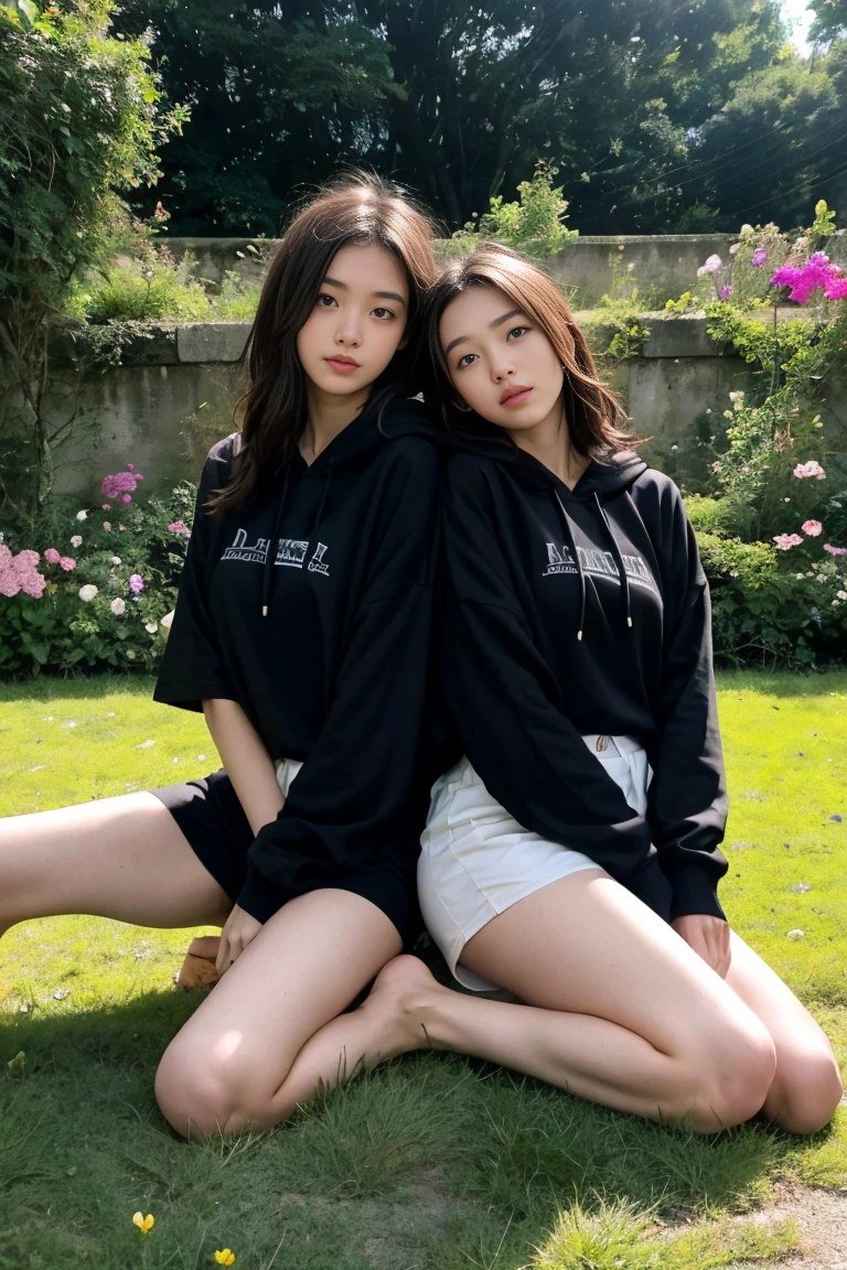 deux femmes ensemble de 18 ans sexy et mince , black short sleeve hoodie , dans un jardin de fleur, se touche,position sey,sensuel
