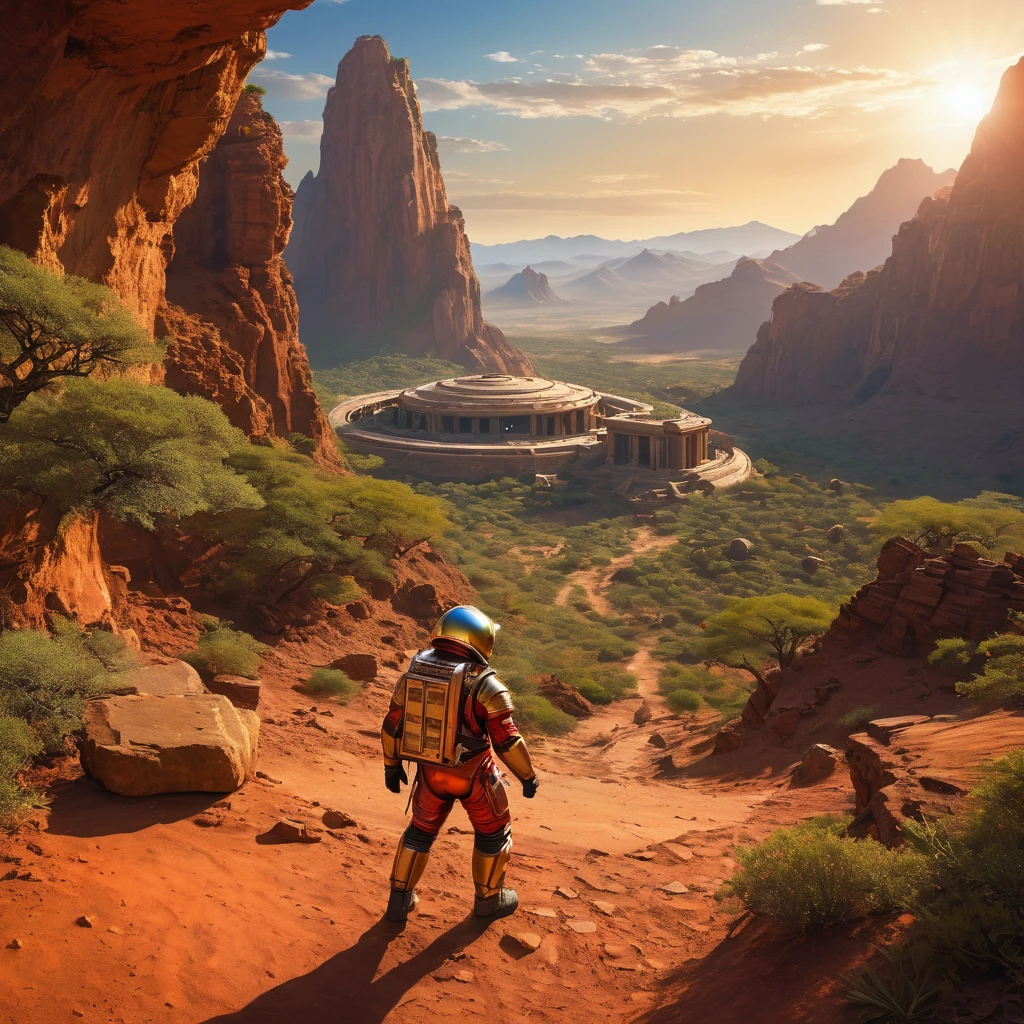 (best quality,4K,high resolution,masterpiece:1.2),Extremely detailed,Practical,photoPractical:1.37,portrait,Science Fiction,Helmet reflexes,Ancient ruins,explore者湖面倒影,Golden sunrise,Red Planet,Silver space suit,Dense vegetation,Distant Mountains,crimson skies,curiosity,,Unknown,Dust particles,Extraordinary journey,Metal surface,Ancient buildings,expedition,Sun Visor,闪闪发光的Sun Visor,Vast landscape,archeology,relics of the past,mystery,adventure,conspiracy,Magnificent views,Unexplored territory,explore,Uncovering Secrets,Cosmic miracles