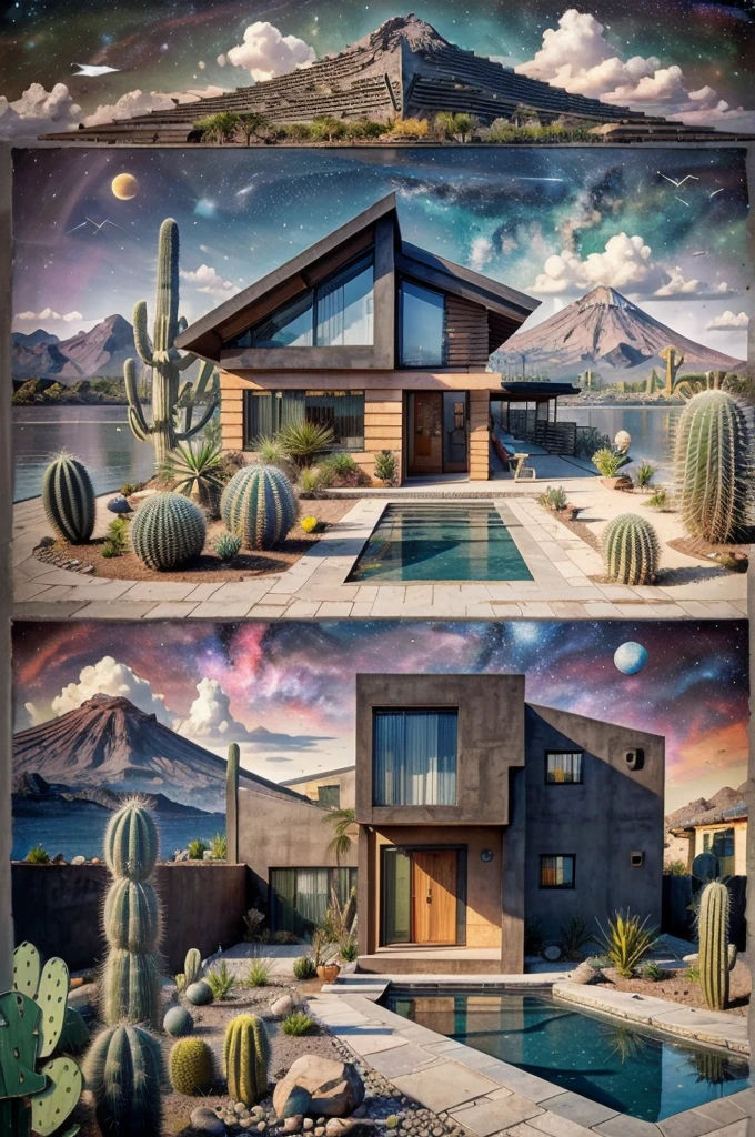 An illustration, collage style, David Hockney visual style, (((Luis Barragán's architectural style houses in middle of a lake))), big boulders, little cascade, mountains, volcanos, volcanic landscape, pool, stairs, beautiful gardens, abundant vegetation, cacti, agave, big clouds, sunset. Magazine cover, serif tipography, editorial design, masterpiece, An illustration in collage style, con rocas gigantes, Brutalist construction sections, escaleras, cactus, agave, textura de concreto, Multiple geometric shapes, hatch and cross hatching, planeta Saturno. ((masterpiece, best quality)),illustration,ultra detailed 8k. (((An illustration of a build designed by Luis Barragán))), with a desertic vegetation garden, (big rocks), ((cacti)), lake, volcano in horizon, smooth clouds, (((illustration collage format))), ((Escher's art style)), (((multiple sections))), (violet, blue, olive green, grey, black and white), hard shadows, (((geometric sculptures))), concrete sculptures, high contrast, dramatic, cinematographic, ((milky way galaxy)), intricate, intricate details, sharp focus,landscape