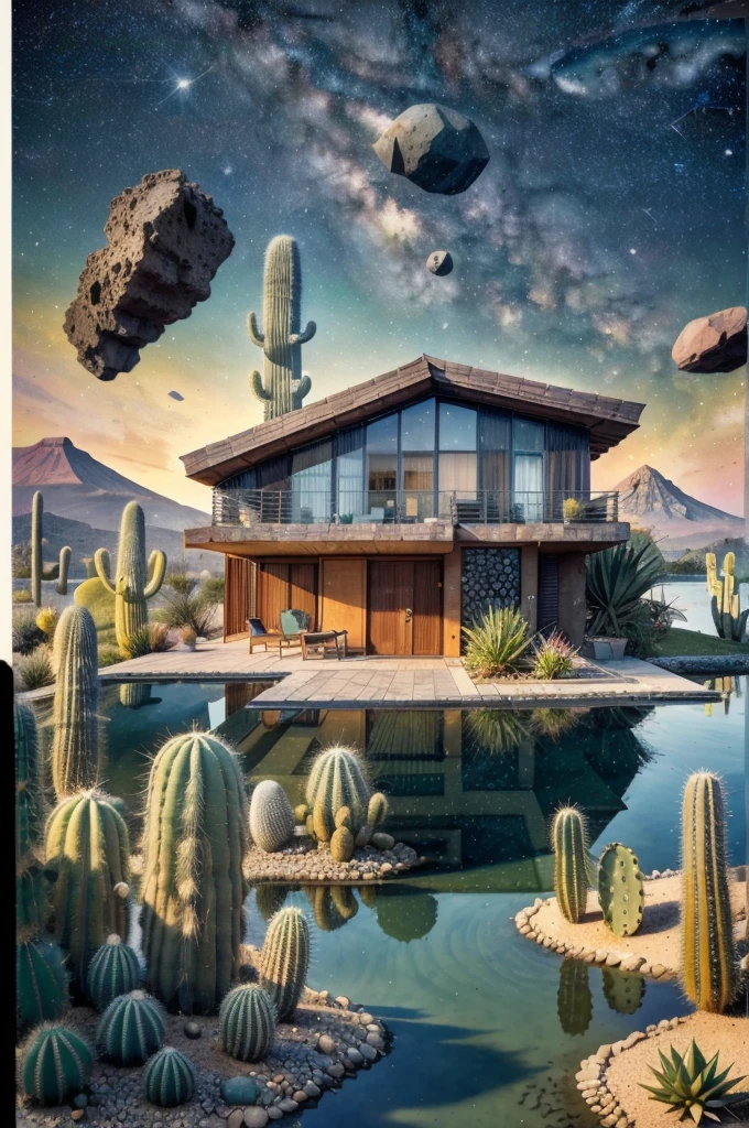 An illustration, collage style, David Hockney visual style, (((Luis Barragán's architectural style houses in middle of a lake))), big boulders, little cascade, mountains, volcanos, volcanic landscape, pool, stairs, beautiful gardens, abundant vegetation, cacti, agave, big clouds, sunset. Magazine cover, serif tipography, editorial design, masterpiece, An illustration in collage style, con rocas gigantes, Brutalist construction sections, escaleras, cactus, agave, textura de concreto, Multiple geometric shapes, hatch and cross hatching, planeta Saturno. ((masterpiece, best quality)),illustration,ultra detailed 8k. (((An illustration of a build designed by Luis Barragán))), with a desertic vegetation garden, (big rocks), ((cacti)), lake, volcano in horizon, smooth clouds, (((illustration collage format))), ((Escher's art style)), (((multiple sections))), (violet, blue, olive green, grey, black and white), hard shadows, (((geometric sculptures))), concrete sculptures, high contrast, dramatic, cinematographic, ((milky way galaxy)), intricate, intricate details, sharp focus,landscape