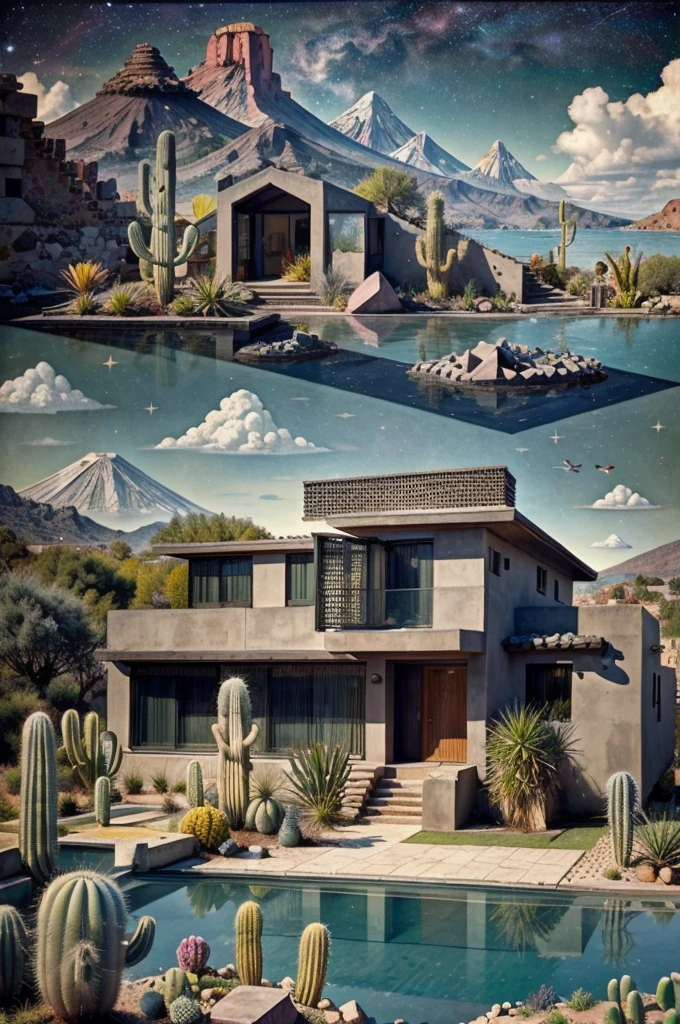 An illustration, collage style, David Hockney visual style, (((Luis Barragán's architectural style houses in middle of a lake))), big boulders, little cascade, mountains, volcanos, volcanic landscape, pool, stairs, beautiful gardens, abundant vegetation, cacti, agave, big clouds, sunset. Magazine cover, serif tipography, editorial design, masterpiece, An illustration in collage style, con rocas gigantes, Brutalist construction sections, escaleras, cactus, agave, textura de concreto, Multiple geometric shapes, hatch and cross hatching, planeta Saturno. ((masterpiece, best quality)),illustration,ultra detailed 8k. (((An illustration of a build designed by Luis Barragán))), with a desertic vegetation garden, (big rocks), ((cacti)), lake, volcano in horizon, smooth clouds, (((illustration collage format))), ((Escher's art style)), (((multiple sections))), (violet, blue, olive green, grey, black and white), hard shadows, (((geometric sculptures))), concrete sculptures, high contrast, dramatic, cinematographic, ((milky way galaxy)), intricate, intricate details, sharp focus,landscape