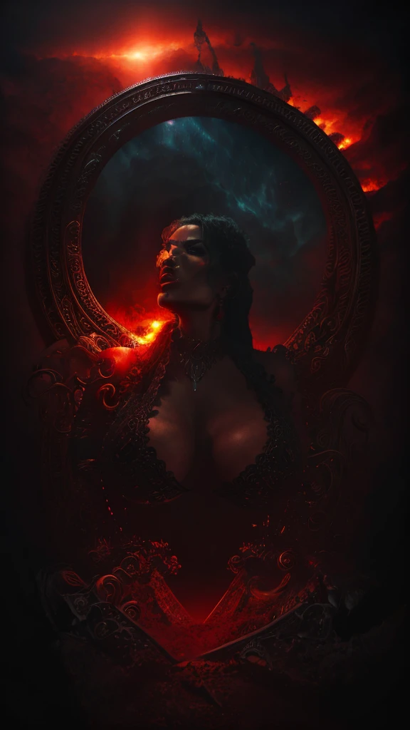 dark fantasy,  fire goddess adult Latina model Daisy Marie, 34dd-cup breasts,  excessive cleavage, intricate details, insane details, volumetric lighting, ominous atmosphere, ominus lights, spectral atmosphere, red fire sparkles , (ethereal fantasy concept art:1.2), full shot 