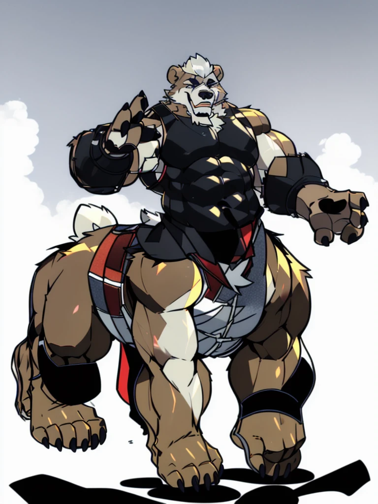 furry, fur taur, brown beartaur, middle-age, detailed face, bear ears, bear eyes(brown), bear nose(black), bear mouth, garibaldi beard(white), mature hair(white), detailed arms(strongest), hands(5 fingers), detailed body belly, muscle belly(white), chest harness, detailed taur body, bear paws, bear tail