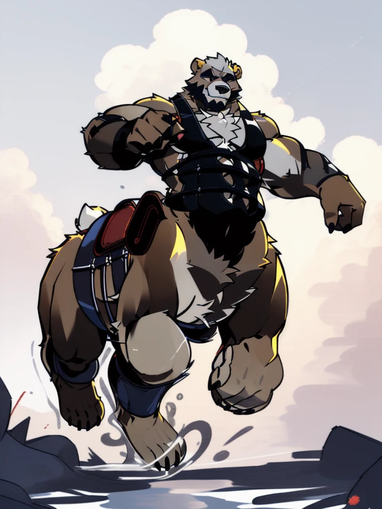 furry, fur taur, brown beartaur, middle-age, detailed face, bear ears, bear eyes(brown), bear nose(black), bear mouth, garibaldi beard(white), mature hair(white), detailed arms(strongest), hands(5 fingers), detailed body belly, muscle belly(white), chest harness, detailed taur body, bear paws, bear tail