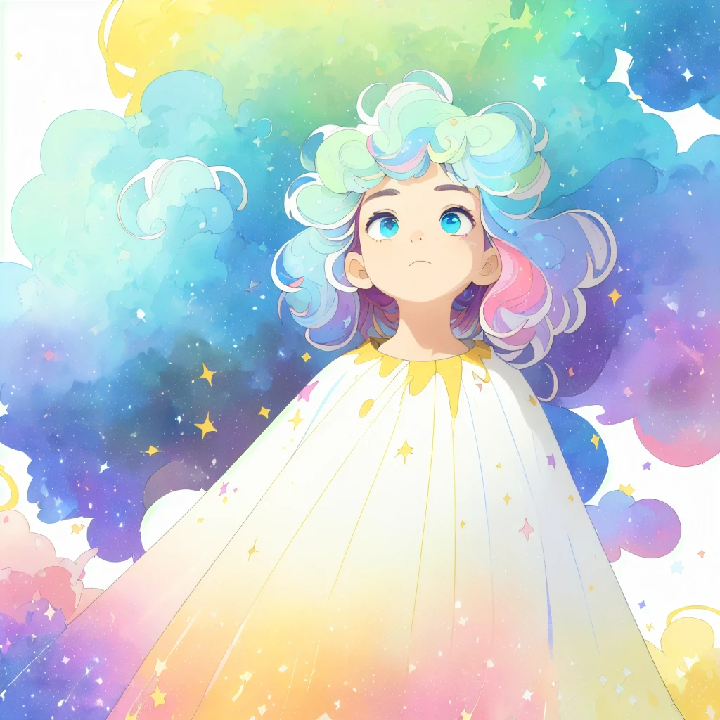 ((masterpiece)), (((best quality))), ((ultra-detailed)), ((illustration)),[realism light effect],shadow,(Fantasy style),(white background:1.6), simple background, (earth theme),(a cloak)[(hair focus,((1girl)),[(big slime hair): (cloud hair):0.3], (hair on background),(high saturation),(hair surrounded by galaxy splashes),)):((her hair is becoming galaxy clouds,:1.27628), (hair and clothes is galaxy clouds and cluster of stars:1.1025),(a cloak is becoming galaxy clouds)(colorful_galaxy_print_clusters_of_stars_print:1.35),((detailed starry sky with colorful galaxy and galaxy clouds):1.2)):0.35], (((masterpiece))),(((best quality))),((ultra-detailed)),(illustration),(dynamic angle),((floating)),(paint),((disheveled hair)),((beautiful detailed face)),collar,bare shoulders, ((colorful hair)),((streaked hair)),beautiful detailed eyes,(Gradient color eyes),(((colorful eyes))),(((colorful background))),(((high saturation))),(((surrounded by colorful splashes))),(((surrounded by colorful dot))),colorful bubble,((shining)),