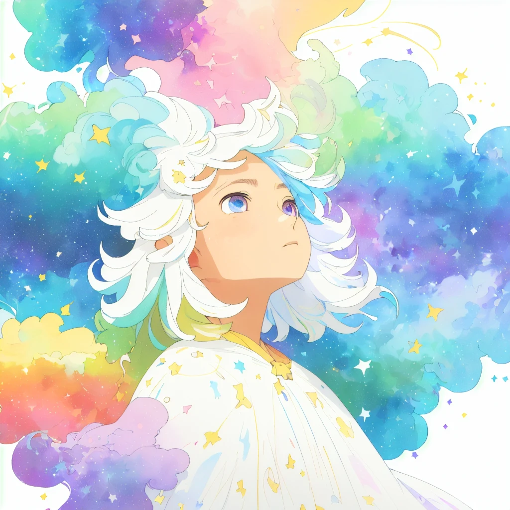 ((masterpiece)), (((best quality))), ((ultra-detailed)), ((illustration)),[realism light effect],shadow,(Fantasy style),(white background:1.6), simple background, (earth theme),(a cloak)[(hair focus,((1girl)),[(big slime hair): (cloud hair):0.3], (hair on background),(high saturation),(hair surrounded by galaxy splashes),)):((her hair is becoming galaxy clouds,:1.27628), (hair and clothes is galaxy clouds and cluster of stars:1.1025),(a cloak is becoming galaxy clouds)(colorful_galaxy_print_clusters_of_stars_print:1.35),((detailed starry sky with colorful galaxy and galaxy clouds):1.2)):0.35], (((masterpiece))),(((best quality))),((ultra-detailed)),(illustration),(dynamic angle),((floating)),(paint),((disheveled hair)),((beautiful detailed face)),collar,bare shoulders, ((colorful hair)),((streaked hair)),beautiful detailed eyes,(Gradient color eyes),(((colorful eyes))),(((colorful background))),(((high saturation))),(((surrounded by colorful splashes))),(((surrounded by colorful dot))),colorful bubble,((shining)),