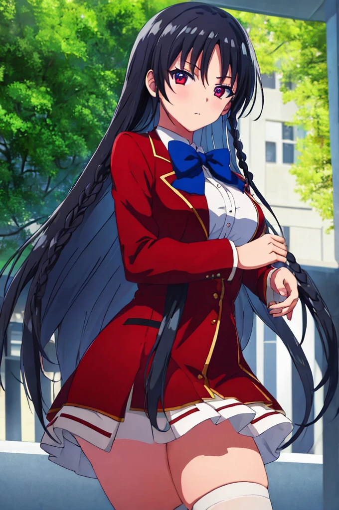 (masterpiece:1.3), (best quality:1.1), (8k, ultra detailed, ultra high res:1.1), ((anime style)), perfect 5 fingers, perfect anatomy, perfect  finger, 
1girl,
Suzune Horikita, 
Suzune Horikita \(youjitsu\),
BREAK long hair, braid, 
black hair, 
red eyes, (focus detailed eyes:1.2), 
blue bow, 
medium breasts, 
red jacket, long sleeves, white skirt, pleated skirt, black thigh-high socks, 
BREAK looking at viewer, upper body, outdoor, city, 