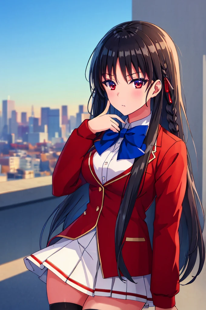 (masterpiece:1.3), (best quality:1.1), (8k, ultra detailed, ultra high res:1.1), ((anime style)), perfect 5 fingers, perfect anatomy, perfect  finger, 
1girl,
Suzune Horikita, 
Suzune Horikita \(youjitsu\),
BREAK long hair, braid, 
black hair, 
red eyes, (focus detailed eyes:1.2), 
blue bow, 
medium breasts, 
red jacket, long sleeves, white skirt, pleated skirt, black thigh-high socks, 
BREAK looking at viewer, upper body, outdoor, city, 