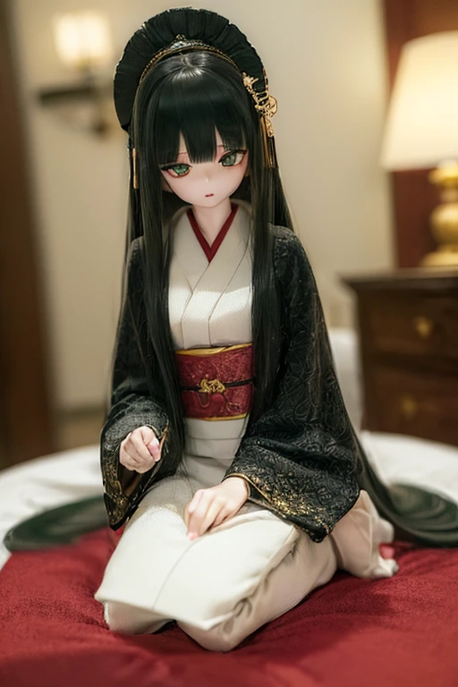 (SFW:2), photorealistic, realistic photo, ((highest quality)), ((masterpiece)), ((extremely detailed)), kukolnydom, doll, (mature woman:1.7), solo, ((from front, seiza, skinny, slender, slim, kimono, obi, obidome, hair ornament)), green eyes, parted lips, (black hair, long hair, looking at another, almond eyes, blank eyes, empty eyes, detailed eyes, detailed clothes:1.3), Japanese room, 8k