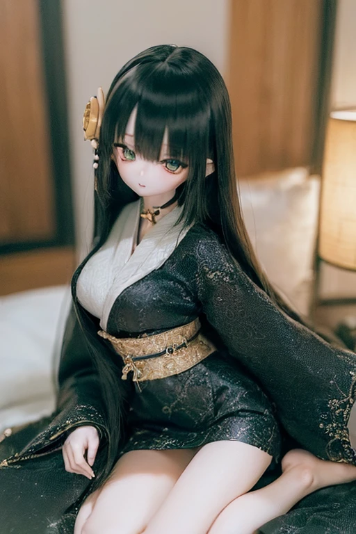 (SFW:2), photorealistic, realistic photo, ((highest quality)), ((masterpiece)), ((extremely detailed)), kukolnydom, doll, (mature woman:1.7), solo, ((from front, seiza, skinny, slender, slim, black kimono, obi, obidome, hair ornament)), green eyes, parted lips, (black hair, long hair, looking at another, almond eyes, blank eyes, empty eyes, detailed eyes, detailed clothes:1.3), Japanese room, 8k